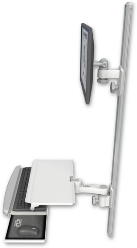[EV65-T50D-KUS-AS1] AccessMount™ ErgoVision 65 LCD mount on a 50" wall track with separate arms, a work surface tray and slide-out keyboard tray, and an 6" arm