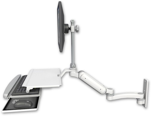 [UL180HEV7-W3-KUS-A1] AccessMount™ Ultra 180 Heavy Duty Arm with EV710 monitor mount wall mount, a work surface tray and slide-out keyboard tray, and an 11" arm