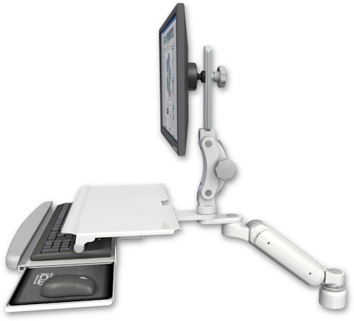 [UL180HP-D1-KDS] AccessMount™ Ultra 180 Heavy Duty Arm with Paralink monitor mount desk mount, a 1" riser, and a work surface tray and slide-out keyboard tray