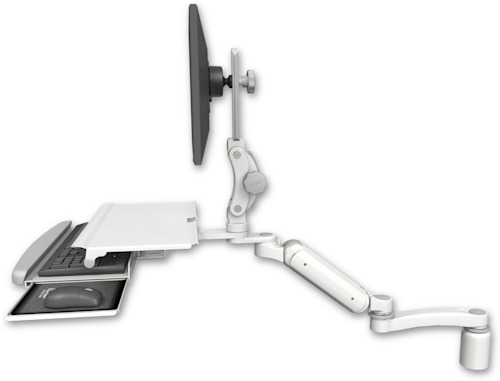 [UL180HP-D3-KDS-A1] AccessMount™ Ultra 180 Heavy Duty Arm with Paralink monitor mount desk mount, a 3" riser, a work surface tray and slide-out keyboard tray, and an 11" arm