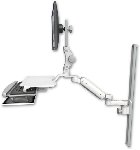 [UL180HP-T36-KUS-AS1] AccessMount™ Ultra 180 Heavy Duty Arm with Paralink monitor mount mount on a 36" wall track slider, a work surface tray and slide-out keyboard tray, and an 6" arm