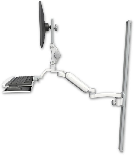 [UL180HP-T50-KUB-A1] AccessMount™ Ultra 180 Heavy Duty Arm with Paralink monitor mount mount on a 50" wall track slider, a wrist-rest keyboard tray, and an 11" arm