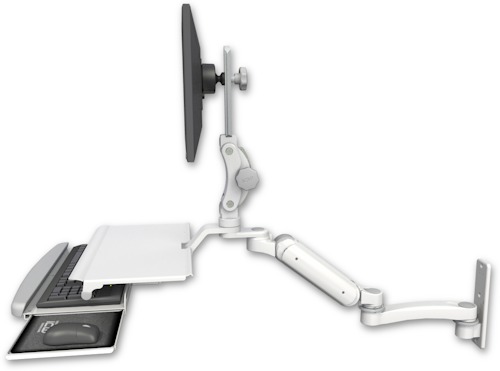 [UL180HP-W3-KUS-A1] AccessMount™ Ultra 180 Heavy Duty Arm with Paralink monitor mount wall mount, a work surface tray and slide-out keyboard tray, and an 11" arm
