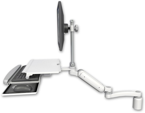 [UL180HEV7-D3-KDS-A1] AccessMount™ Ultra 180 Heavy Duty Arm with EV710 monitor mount desk mount, a 3" riser, a work surface tray and slide-out keyboard tray, and an 11" arm