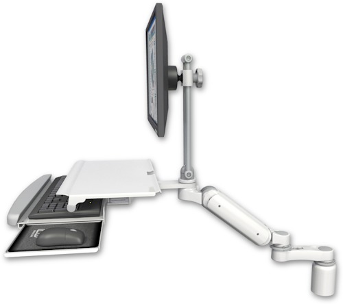 [UL180HEV7-D3-KDS-AS1] AccessMount™ Ultra 180 Heavy Duty Arm with EV710 monitor mount desk mount, a 3" riser, a work surface tray and slide-out keyboard tray, and an 6" arm
