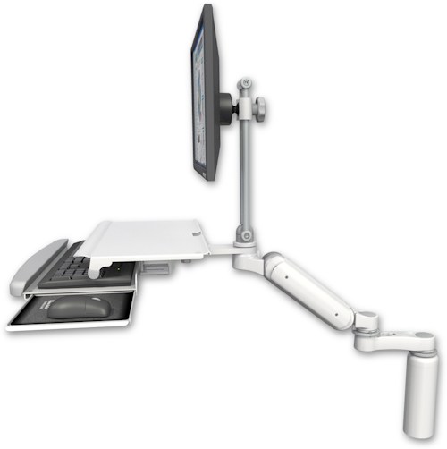 [UL180HEV7-D7-KDS-AS1] AccessMount™ Ultra 180 Heavy Duty Arm with EV710 monitor mount desk mount, a 7.5" riser, a work surface tray and slide-out keyboard tray, and an 6" arm