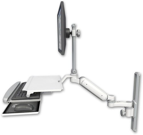 [UL180HEV7-T19-KUS-AS1] AccessMount™ Ultra 180 Heavy Duty Arm with EV710 monitor mount mount on a 19" wall track slider, a work surface tray and slide-out keyboard tray, and an 6" arm