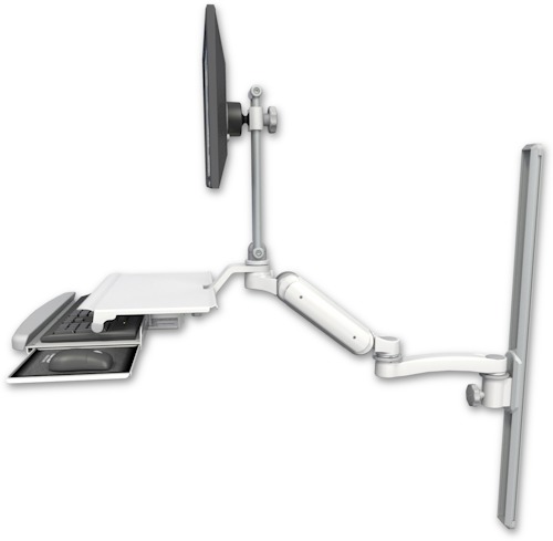 [UL180HEV7-T36-KUS-A1] AccessMount™ Ultra 180 Heavy Duty Arm with EV710 monitor mount mount on a 36" wall track slider, a work surface tray and slide-out keyboard tray, and an 11" arm