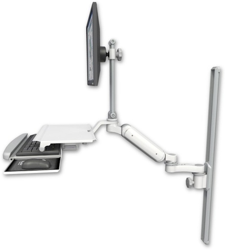 [UL180HEV7-T36-KUS-AS1] AccessMount™ Ultra 180 Heavy Duty Arm with EV710 monitor mount mount on a 36" wall track slider, a work surface tray and slide-out keyboard tray, and an 6" arm