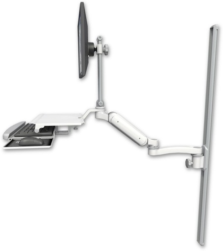 [UL180HEV7-T50-KUS-A1] AccessMount™ Ultra 180 Heavy Duty Arm with EV710 monitor mount mount on a 50" wall track slider, a work surface tray and slide-out keyboard tray, and an 11" arm