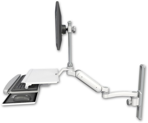 [UL180EV7-T19-KUS-A1] AccessMount™ Ultra 180 Arm with EV710 monitor mount mount on a 19" wall track slider, a work surface tray and slide-out keyboard tray, and an 11" arm