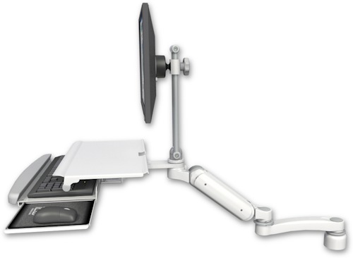 [UL180EV7-D1-KDS-A1] AccessMount™ Ultra 180 Arm with EV710 monitor mount desk mount, a 1" riser, a work surface tray and slide-out keyboard tray, and an 11" arm