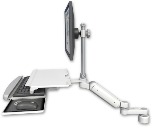 [UL180EV7-D1-KDS-AS1] AccessMount™ Ultra 180 Arm with EV710 monitor mount desk mount, a 1" riser, a work surface tray and slide-out keyboard tray, and an 6" arm