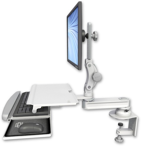 [T2P12-CT2-KDS] AccessMount™ Short single arm T2 Paralink LCD arm desk clamp with a work surface tray and slide-out keyboard tray