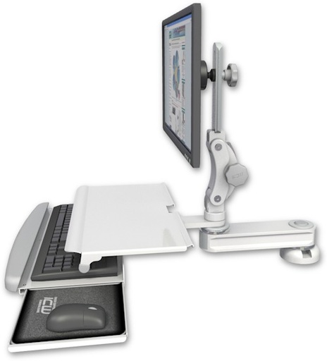 [T2P12-DT2-KDS] AccessMount™ Short single arm T2 Paralink LCD arm desk mount with a work surface tray and slide-out keyboard tray