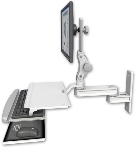 [T2P12-WT2-KUS] AccessMount™ Short single arm T2 Paralink LCD arm wall mount with a work surface tray and slide-out keyboard tray
