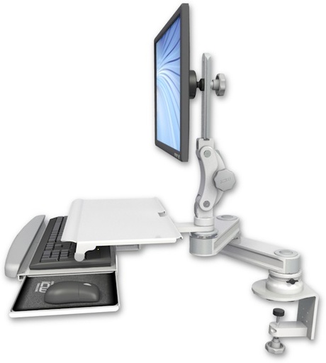 [T2P1212-CT2-KDS] AccessMount™ Short T2 Paralink LCD arm desk clamp with a work surface tray and slide-out keyboard tray