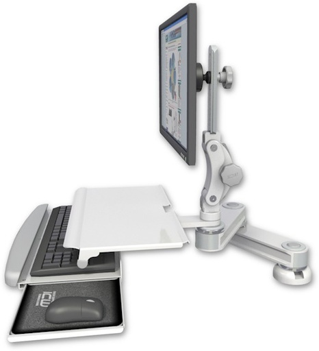 [T2P1212-DT2-KDS] AccessMount™ Short T2 Paralink LCD arm desk mount with a work surface tray and slide-out keyboard tray