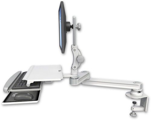 [T2P1220-CT2-KDS] AccessMount™ Medium T2 Paralink LCD arm desk clamp with a work surface tray and slide-out keyboard tray