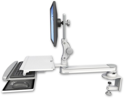 [T2P20-CT2-KDS] AccessMount™ Long single arm T2 Paralink LCD arm desk clamp with a work surface tray and slide-out keyboard tray