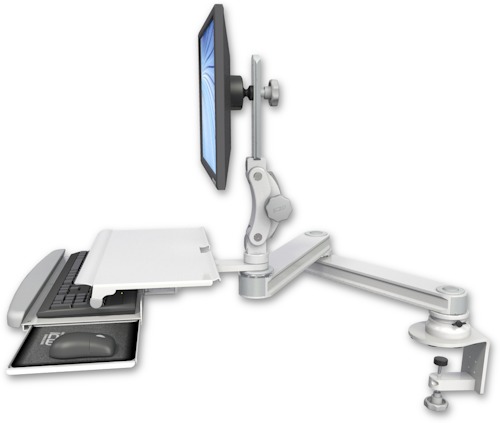 [T2P2020-CT2-KDS] AccessMount™ Long T2 Paralink LCD arm desk clamp with a work surface tray and slide-out keyboard tray