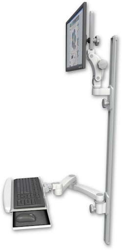 [UL550-T50D-KUB-A2] AccessMount™ Ultra 550 LCD mount on a 50" wall track with separate arms, a wrist-rest keyboard tray, and a 20" double-arm