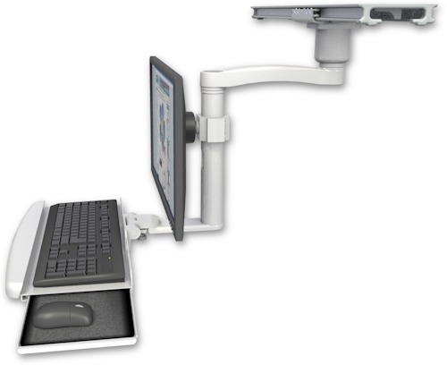 [ULBVI-PS28-D1-KDB-A1] AccessMount™ Ultra ball pivot LCD mount on a ProSlide 28" track slider with a 1" riser, a wrist-rest keyboard tray, and an 11" arm