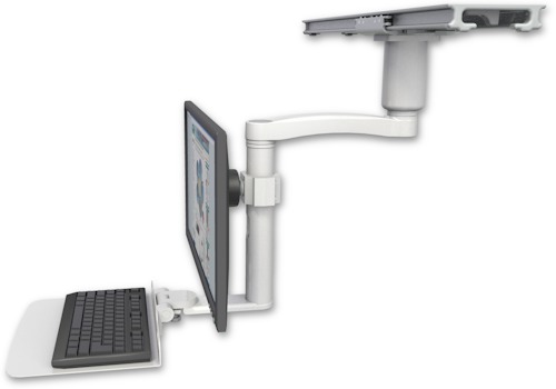 [ULBVI-PS28-D3-KD12F-A1] AccessMount™ Ultra ball pivot LCD mount on a ProSlide 28" track slider with a 3" riser, a 12" flat keyboard tray, and an 11" arm