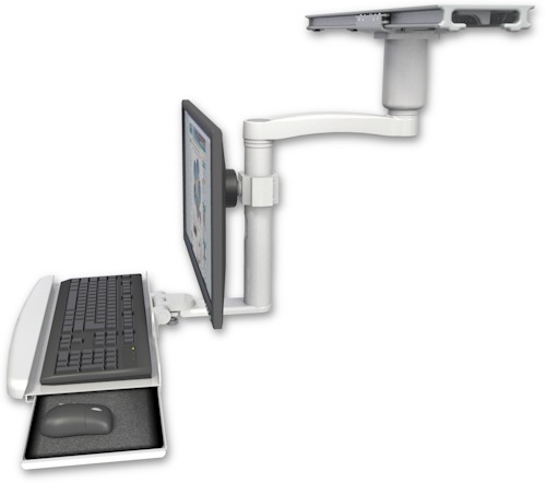[ULBVI-PS28-D3-KDB-A1] AccessMount™ Ultra ball pivot LCD mount on a ProSlide 28" track slider with a 3" riser, a wrist-rest keyboard tray, and an 11" arm