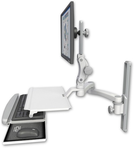 [UL550-T19-KUS-A2] AccessMount™ Ultra 550 LCD mount on a 19" wall track slider with a work surface tray and slide-out keyboard tray and a 20" double-arm