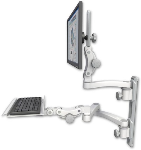 [UL550-T19D-KP12-A3] AccessMount™ Ultra 550 LCD mount on a 19" wall track with separate arms, a 12" paralink keyboard tray, and an 11" arm and 20" double-arm