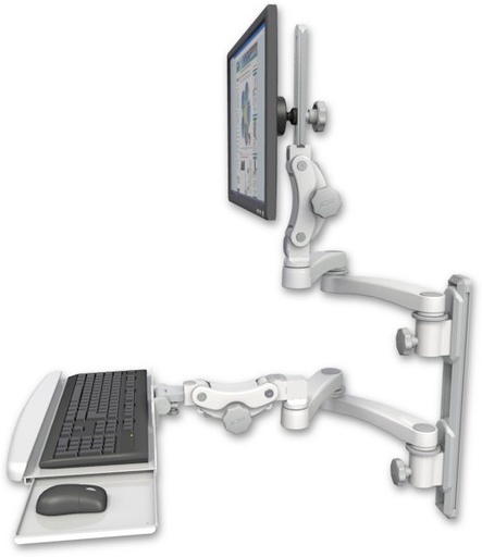 [UL550-T19D-KPB-A4] AccessMount™ Ultra 550 LCD mount on a 19" wall track with separate arms, a paralink keyboard tray w/ wrist rest bend, and two 20" double-arms
