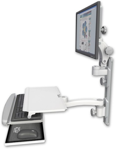 [UL550-T19D-KUS-A1] AccessMount™ Ultra 550 LCD mount on a 19" wall track with separate arms, a work surface tray and slide-out keyboard tray, and an 11" arm
