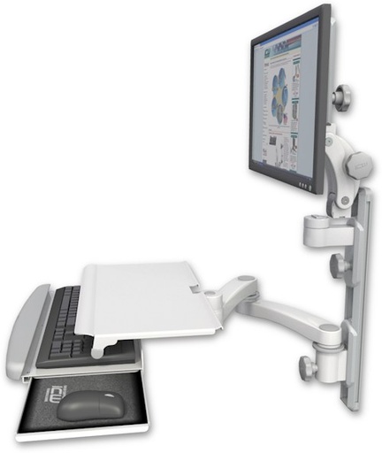 [UL550-T19D-KUS-A2] AccessMount™ Ultra 550 LCD mount on a 19" wall track with separate arms, a work surface tray and slide-out keyboard tray, and a 20" double-arm