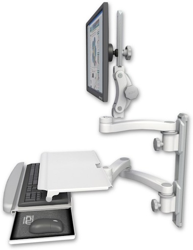 [UL550-T19D-KUS-A3] AccessMount™ Ultra 550 LCD mount on a 19" wall track with separate arms, a work surface tray and slide-out keyboard tray, and an 11" arm and 20" double-arm