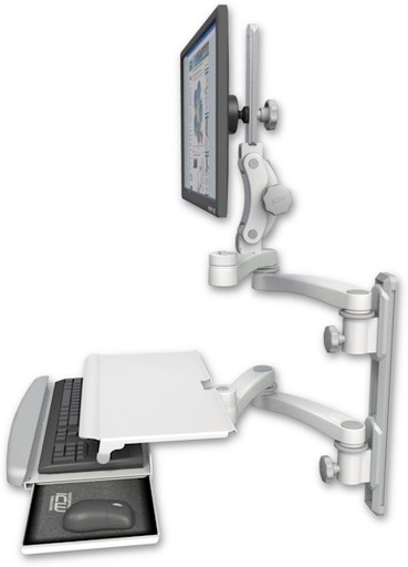 [UL550-T19D-KUS-A4] AccessMount™ Ultra 550 LCD mount on a 19" wall track with separate arms, a work surface tray and slide-out keyboard tray, and two 20" double-arms