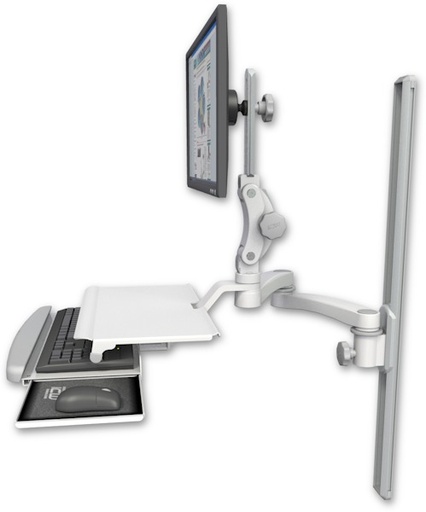 [UL550-T36-KUS-A2] AccessMount™ Ultra 550 LCD mount on a 36" wall track slider with a work surface tray and slide-out keyboard tray and a 20" double-arm