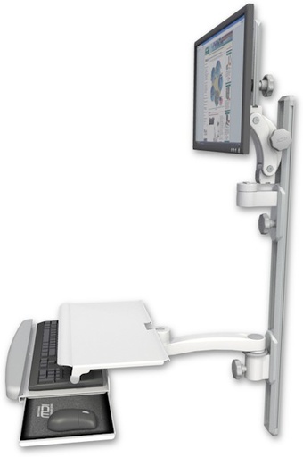 [UL550-T36D-KUS-A1] AccessMount™ Ultra 550 LCD mount on a 36" wall track with separate arms, a work surface tray and slide-out keyboard tray, and an 11" arm