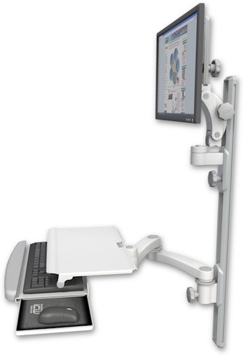 [UL550-T36D-KUS-A2] AccessMount™ Ultra 550 LCD mount on a 36" wall track with separate arms, a work surface tray and slide-out keyboard tray, and a 20" double-arm