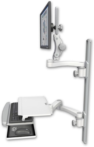 [UL550-T36D-KUS-A3] AccessMount™ Ultra 550 LCD mount on a 36" wall track with separate arms, a work surface tray and slide-out keyboard tray, and an 11" arm and 20" double-arm