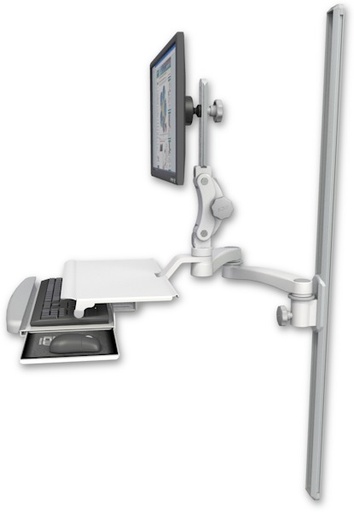 [UL550-T50-KUS-A2] AccessMount™ Ultra 550 LCD mount on a 50" wall track slider with a work surface tray and slide-out keyboard tray and a 20" double-arm