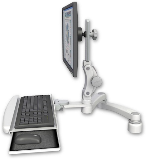 [UL550-D1-KDB-A2] AccessMount™ Ultra 550 LCD desk mount with a 1" riser, a wrist-rest keyboard tray, and a 20" double-arm