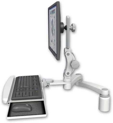 [UL550-D3-KDB-A2] AccessMount™ Ultra 550 LCD desk mount with a 3" riser, a wrist-rest keyboard tray, and a 20" double-arm