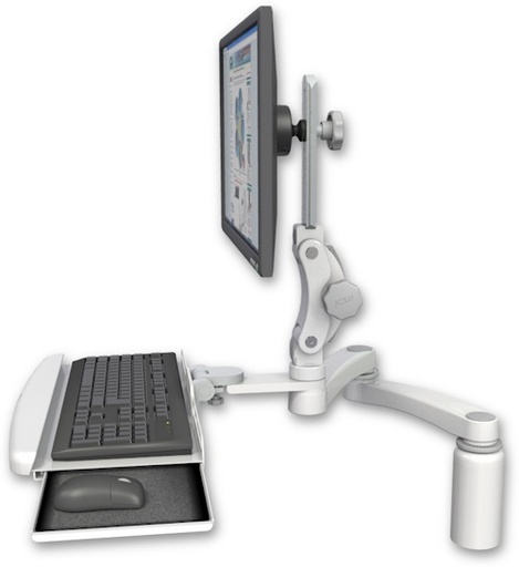 [UL550-D5-KDB-A2] AccessMount™ Ultra 550 LCD desk mount with a 5" riser, a wrist-rest keyboard tray, and a 20" double-arm