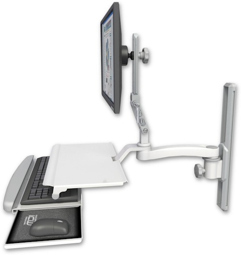 [UL510-T19-KUS-A1] AccessMount™ Ultra 510 LCD mount on a 19" wall track slider with a work surface tray and slide-out keyboard tray and an 11" arm