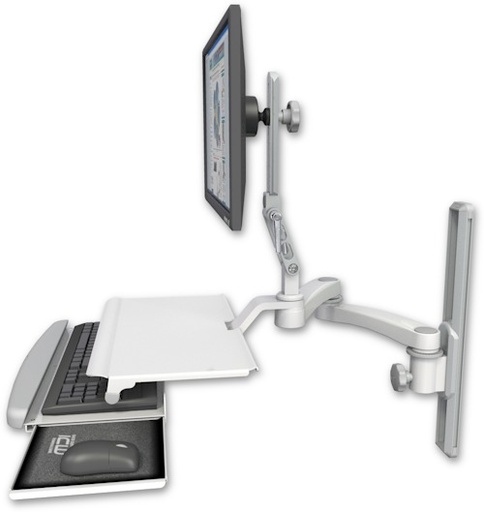 [UL510-T19-KUS-A2] AccessMount™ Ultra 510 LCD mount on a 19" wall track slider with a work surface tray and slide-out keyboard tray and a 20" double-arm