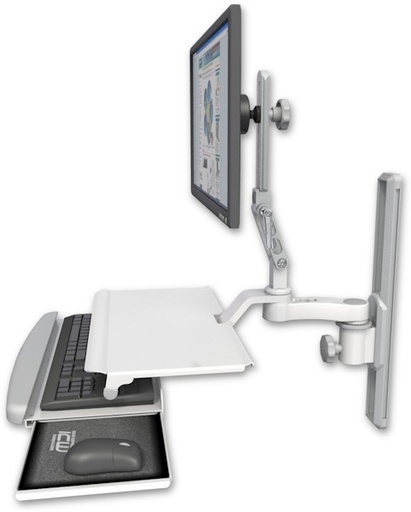 [UL510-T19-KUS-AS1] AccessMount™ Ultra 510 LCD mount on a 19" wall track slider with a work surface tray and slide-out keyboard tray and an 6" arm