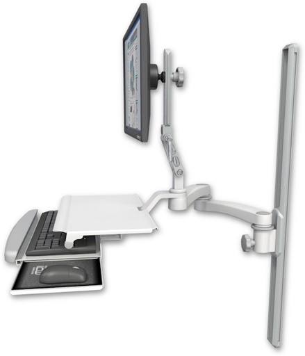 [UL510-T36-KUS-A2] AccessMount™ Ultra 510 LCD mount on a 36" wall track slider with a work surface tray and slide-out keyboard tray and a 20" double-arm