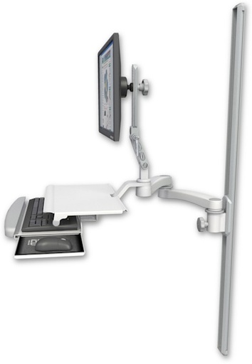 [UL510-T50-KUS-A2] AccessMount™ Ultra 510 LCD mount on a 50" wall track slider with a work surface tray and slide-out keyboard tray and a 20" double-arm