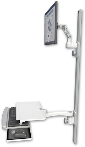 [UL500-T50D-KUS-A1] AccessMount™ Ultra 500 LCD mount on a 50" wall track with separate arms, a work surface tray and slide-out keyboard tray, and an 11" arm